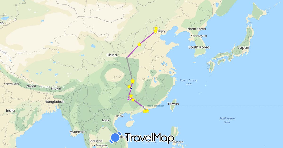 TravelMap itinerary: driving, plane, train, hiking, boat in China (Asia)